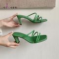Yellow Green Summer Women Square Toe Sandals Ladies Snake Print Strappy Mules 6CM High Heels Slippers Female Fashion Woman Shoes. 