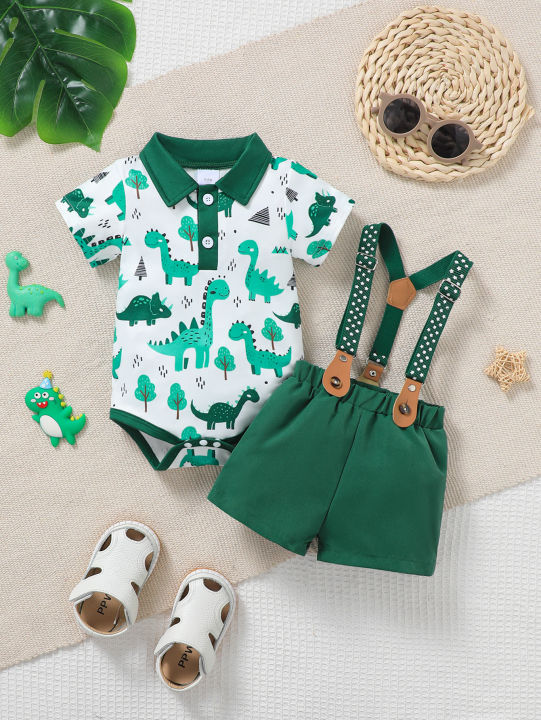 Baby Boy Summer Outfit 2-Piece Set Cartoon Dinosaur Print Polo Short Sleeve Romper with Fashionable Cute Overalls