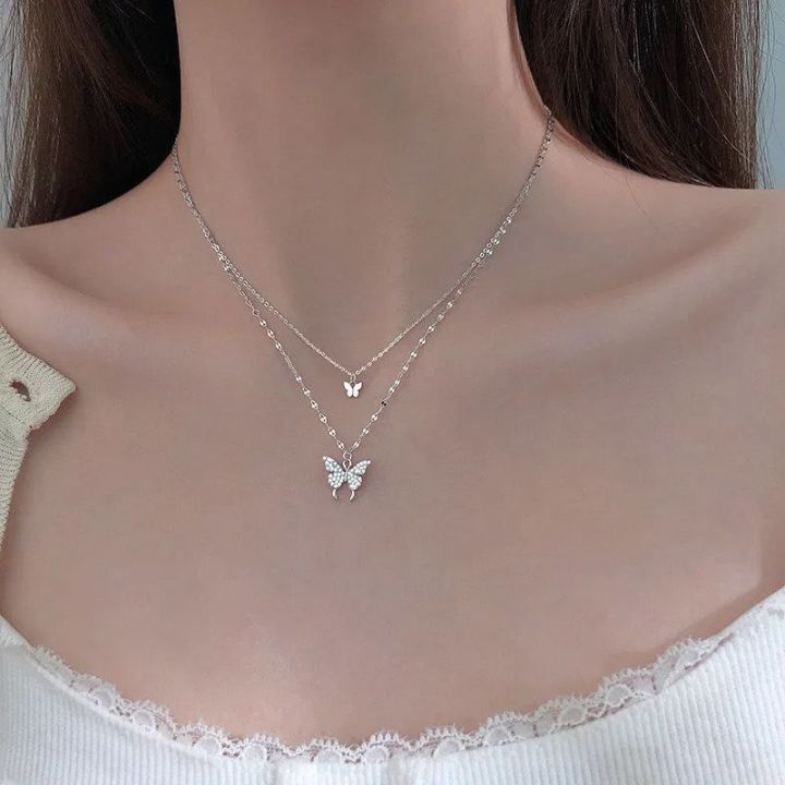 New fashion silver butterfllies design pendant with double layers chain necklace