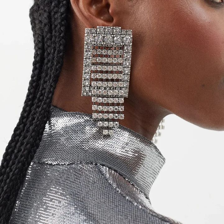 Stonefans Exaggerated Geometric Tassel Earrings for Women Luxury Rhinestone Earrings Dressing Ball Party Jewelry Accessories