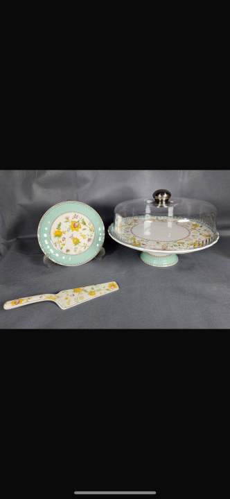 3-Piece Ceramic Cake Stand Set with Glass Dome Cover - Includes Serving Plate & Knife - Floral Design for Parties & Home Décor