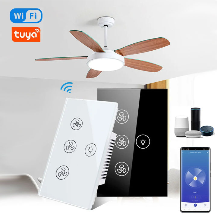 Tuya WiFi Ceiling Fan Light Smart Switch Touch Interruptor Smart Home App Remote Speed Control Works With Alexa Home
