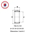Nk15/20 needle roller bearing shaft size in 15 outside 23 thickness 20mm. NK needle roller bearing NK 15/20. 