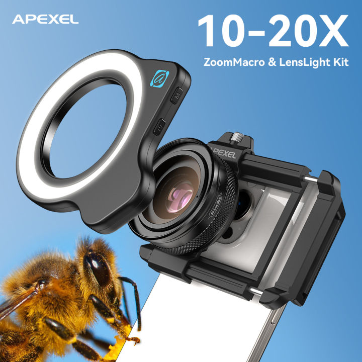 APEXEL 10-20X Zoom Macro Lens HD Micro Phone Camera Lenses with LED Fill Light for iPhone All Smartphones Eyelash Macro