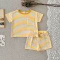 Summer Baby New Set Blue White Stripes Simple Comfortable Short Sleeves+Loose Sports Beach Shorts Boys Girls Clothing. 
