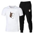 Summer New Outdoors Outfit Printed Logo Men's Activewear Tracksuit Set Half Sleeves T-Shirt With Trouser Soft Feel Cotton Stuff. 