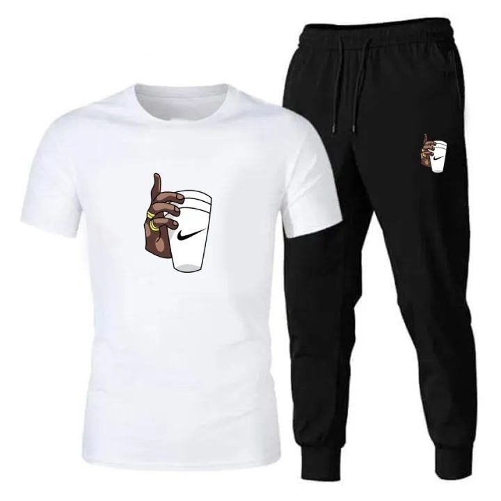 Summer New Outdoors Outfit Printed Logo Men's Activewear Tracksuit Set Half Sleeves T-Shirt With Trouser Soft Feel Cotton Stuff