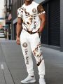 Trendy new summer men's animal lion print breathable round neck T-shirt pants set outdoor high street two-piece set. 