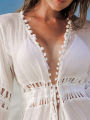 Summer Crochet Boho Beach Swimsuit Bikini Cover Up Lace-Up Hairball Long Blouse Hollow Out Open-Front Cover-Up Duster Kimono.