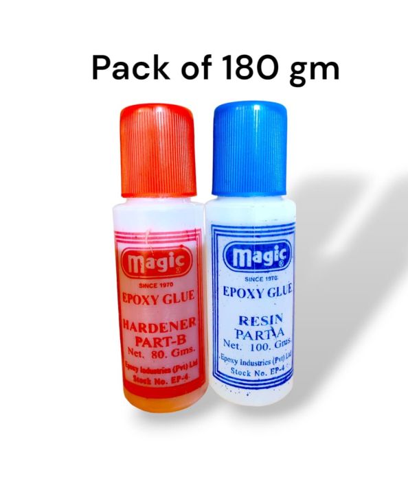 Magic Epoxy Resin and Hardner 180 Grams Packed in plastic bottles available in 3 sizes 180 gm, 900 gm,1800 gm.