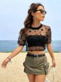 Summer Outfits Star Print Drop Shoulder Crop Mesh Top Without Camisole. 