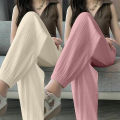 Ice Silk Casual Wide Leg Harem Pants Trousers Solid Elastic Waist Women Clothing Sweet Streetweat Summer Ankle-Length Pants New. 
