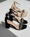 Pearl Rhinestone 3-Inch Block Heels Women’s Fashion Sandal - Faux Suede Bridal, Party, Office Shoes - Black & Beige. 