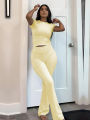 Casual Workout Two Piece Outfits for Women Short Sleeve Crop High Waist Foldover Flare Pants Tracksuit Sets Streetwear.
