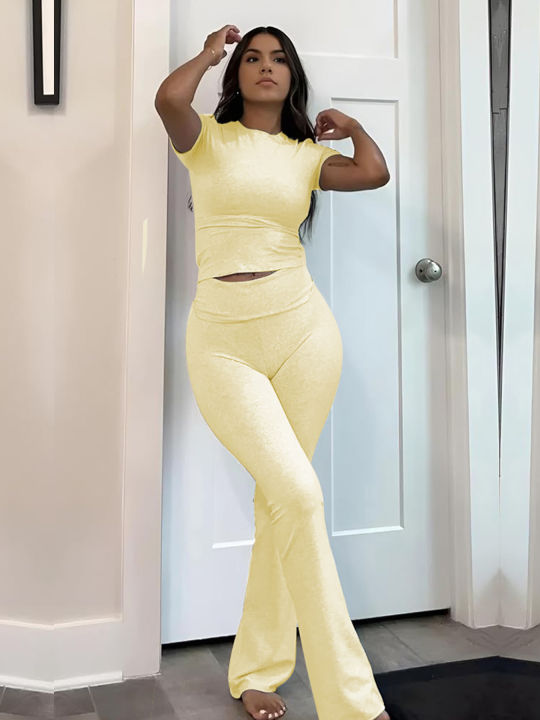 Casual%20Workout%20Two%20Piece%20Outfits%20for%20Women%20Short%20Sleeve%20Crop%20High%20Waist%20Foldover%20Flare%20Pants%20Tracksuit%20Sets%20Streetwear%20-%20Image%207