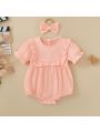 Summer female infant pink short-sleeved solid color Romper and headgear two-piece set sweet and cute. 