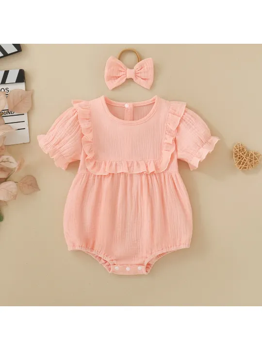 Summer%20female%20infant%20pink%20short-sleeved%20solid%20color%20Romper%20and%20headgear%20two-piece%20set%20sweet%20and%20cute%20-%20Image%207