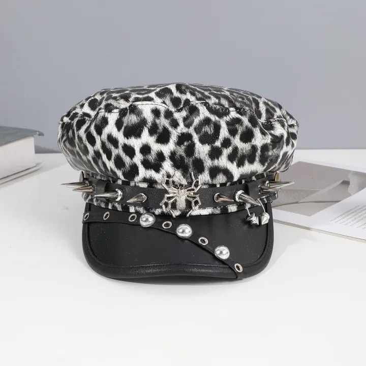 Sweet%20cool%20Spice%20Girl%20style%20riveted%20spider%20hoop%20PU%20leather%20newsboy%20hat%20Y2K%20fashion%20trend%20shopping%20face%20small%20beret%20-%20Image%204