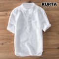 Men's Plus Size Kurta T-Shirt Linen Short Sleeve Plain Shirt Casual Muslimah Raya Shirts Tops Baju Kemeja Lelaki Berkolar. 