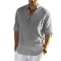 Men's casual loose shirt men's fashion stand collar pure cotton long-sleeved pure color shirt large men's wear. 