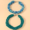 1pc Bohemian Green Blue Fashionable Elegant Simple Multi Layer Rice Bead Necklace Women's Clavicle Chain.