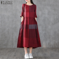 ZANZEA Women Cotton Linen Dresses Vintage Plaid Half Sleeve Midi Vestidos Casual O-neck Long Sundress 2023 Holiday Pocket Robes.