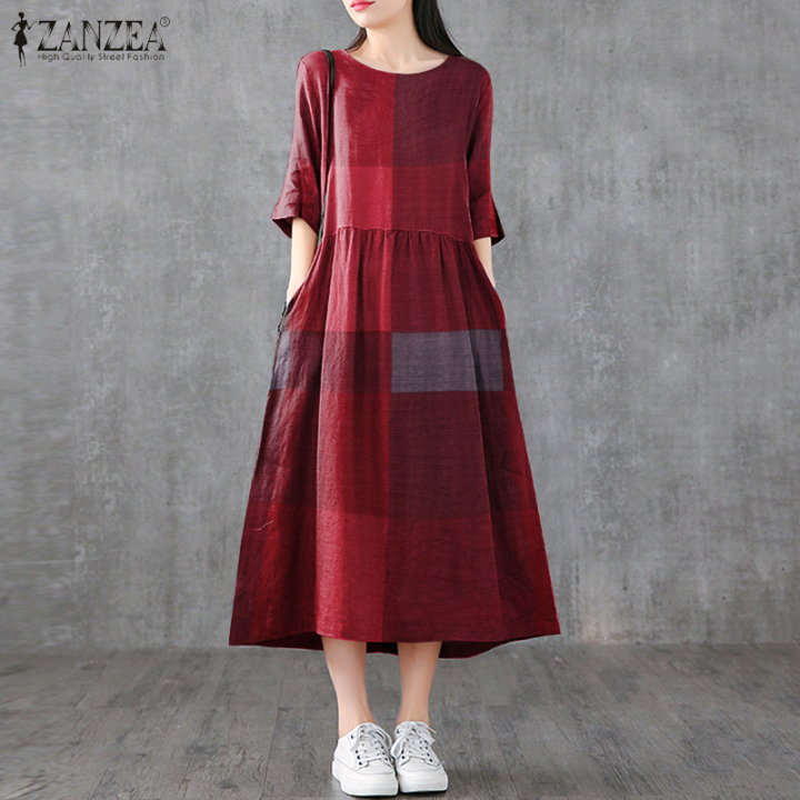 ZANZEA%20Women%20Cotton%20Linen%20Dresses%20Vintage%20Plaid%20Half%20Sleeve%20Midi%20Vestidos%20Casual%20O-neck%20Long%20Sundress%202023%20Holiday%20Pocket%20Robes%20-%20Image%207
