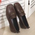Women's Leather Flat Loafers with Gold-Tone Flower Accessory Round Apron Toe Low Block Heel Comfortable & Office Dress Shoes. 