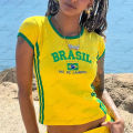 Summer T-shirt Women Brazil Letter Aesthetic Crop Tops Casual Short Sleeve O-neck Tee Streetwear Football Jersey Y2k Clothes. 