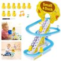 Funny Little Yellow Ducks Climbing Stairs And Sliding At Race Track For Kids Birthday Gifts. 