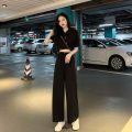 2 PCs set black shirt collar short sleeve with long pants set leisure chic simple. 