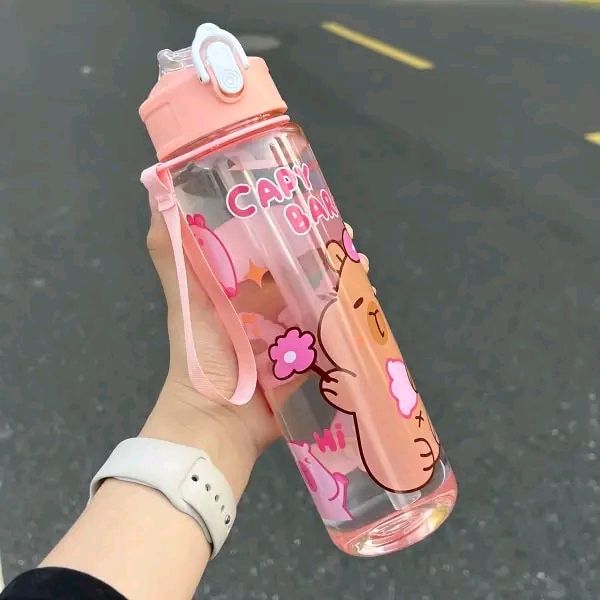 750 mL Kapibala  Cute Children's Straw Bottle High-value  | Student Portable Cartoon Water Bottle with Lanyard