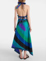 Summer Fashion New Women's Elegant Satin Skirt Two Piece Set Printed Hanging Neck Top Irregular Half Body Skirt Two Piece Set.