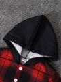 Spring Autumn Plaid Print Baby Boy Long Sleeve Hooded Fleece Lined Shirt Color Block Pants Two-Piece Casual Outfit for Toddlers.