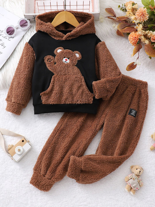 Autumn And Winter Boys And Boys Casual Cute Bear Pattern Hooded Long Sleeved&Long Pants Hairy Two-Piece Set