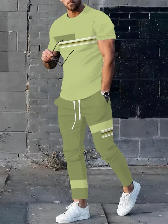 Men's%202025%20Summer%20Splicing%20Letter%203D%20Printed%20Pattern%20Breathable%20Quick%20Drying%20Top%20Trendy%20Soft%20Top%20Street%20Round%20Neck%20T-shirt%20Set%20-%20Image%202