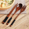 3 PCs Japanese style wooden spoon Fork chopsticks set of 3 PCs long handle adult portable spoon Fork tableware. 