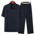 (Top + Pants) Summer Leisure All Match Middle-aged and Old Dad Men Fashion Trend Grandpa Loose Lapel Half-sleeve Shirt Set. 