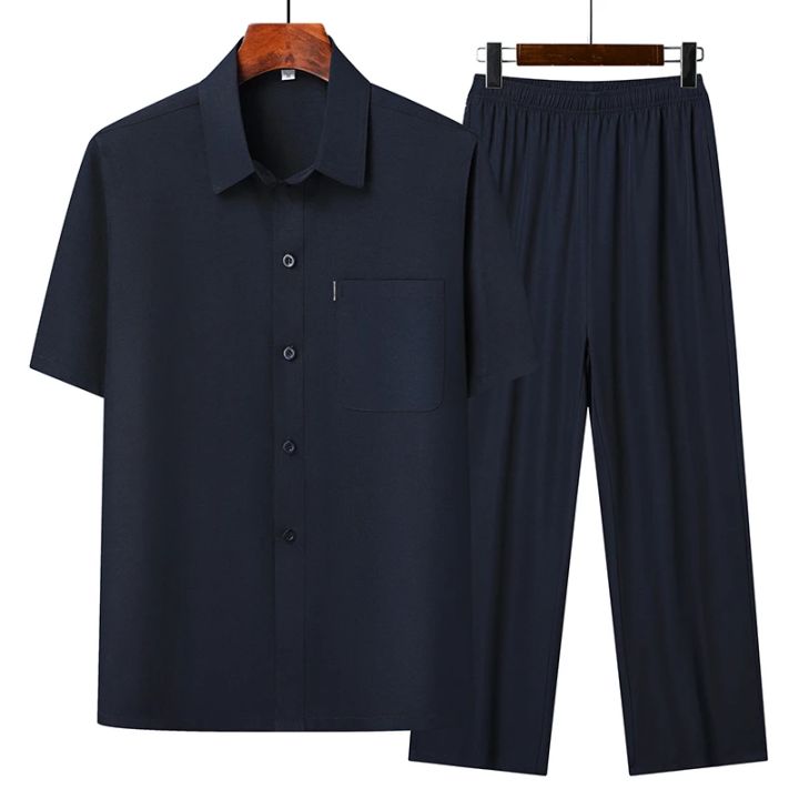 (Top%20+%20Pants)%20Summer%20Leisure%20All%20Match%20Middle-aged%20and%20Old%20Dad%20Men%20Fashion%20Trend%20Grandpa%20Loose%20Lapel%20Half-sleeve%20Shirt%20Set%20-%20Image%202