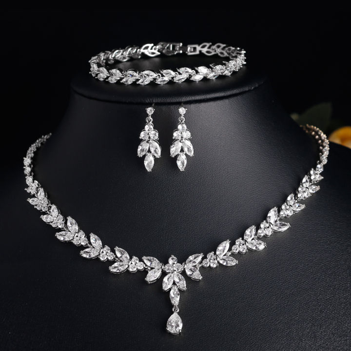 ZAKOL Luxury Brilliant Zirconia Leaf Necklace Earrings Rings Bracelets