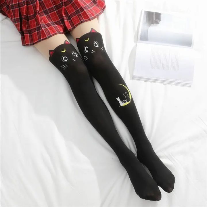 Cartoon%20Anime%20Knee%20Socks%20Moon%20Printed%20Thigh%20Stockings%20Luna%20Cat%20Black%20And%20White%20Cute%20Lolly%20Slimming%20Sock%20High%20Tube%20Panties%20-%20Image%203