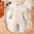 2PCS Autumn New Style 0-1 Year Old Girl Baby Sweet And Cute Solid Color Flying Sleeve Waffle Long-Sleeved Jumpsuit + Hair Band. 