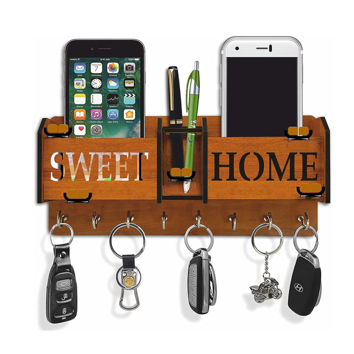 ZF Sweet Home Designer Key Holder - Wall Mounted, 5 Hooks, Brown Wood, Home & Office Decoration