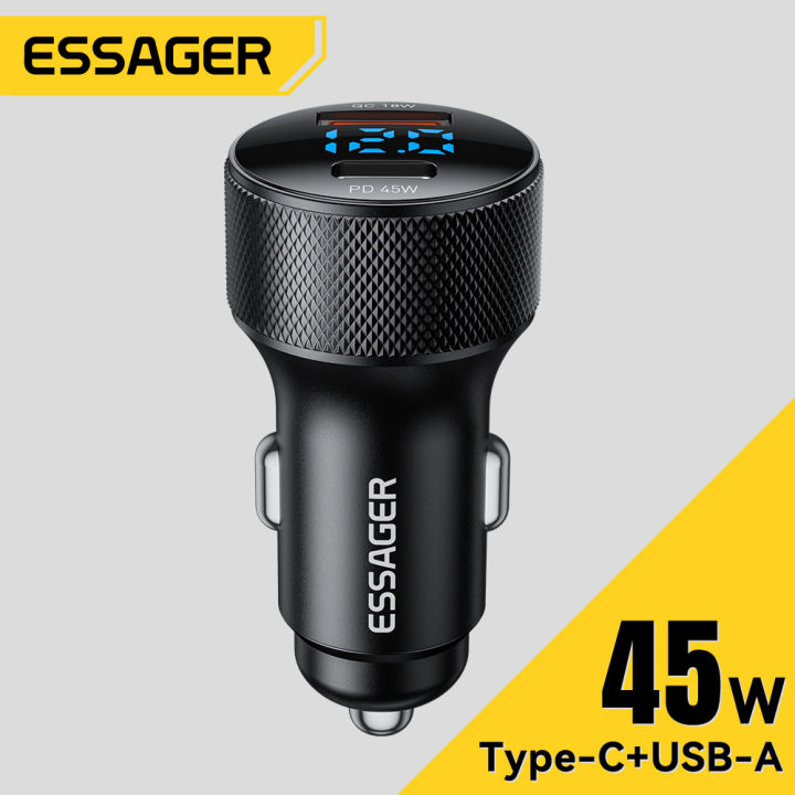 Essager USB C Car Charger 45W 2 Ports PD3.0 QC3.0 Digital Display Car Phone Charger For iPhone 16 15