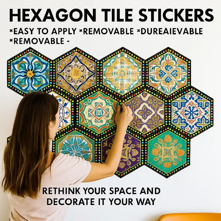 24 Pcs Decorative Colorful Hexagon Tile Stickers Self-Adhesive Peel ...