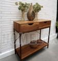 2 Drawer Console Table Black Metal Frame & Wooden Drawers and Shelf Furniture. 