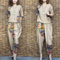 Women's Casual Suit 2024 Summer New Slim Short Sleeve T-Shirt Top Harlan Cropped Pants Plus Fashion Cotton Linen 2 Two Piece Set. 