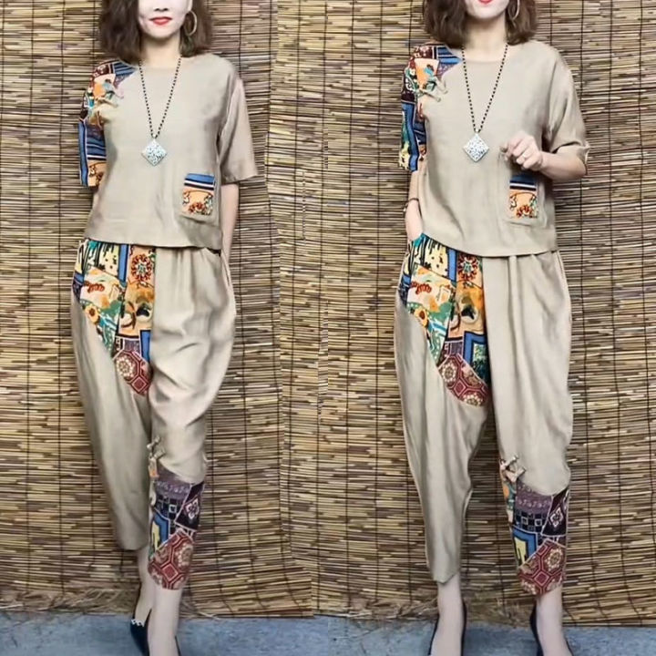 Women's%20Casual%20Suit%202024%20Summer%20New%20Slim%20Short%20Sleeve%20T-Shirt%20Top%20Harlan%20Cropped%20Pants%20Plus%20Fashion%20Cotton%20Linen%202%20Two%20Piece%20Set%20-%20Image%203
