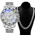 2Pcs/set Men's Watch Fashion Big Dial Male Business Dress Quartz Wrist Watch with Necklace.