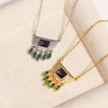 Stainless Steel Half Round Green Oval Zircon Tassel Pendant Necklace For Women Daily Wear Fashion Neck Chain Waterproof Jewelry.